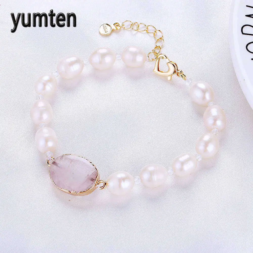 

Yumten Freshwater Pearl Women Bracelet Infinity Fine Jewelry Stone Water Drops Rose Quartz Gold Plated Clasp Accessories Gift