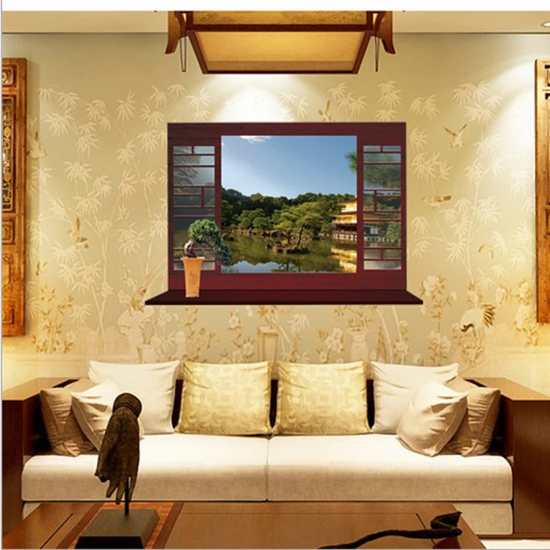 

3D false removable window Classical Summer View Lake PVC Wall Stickers