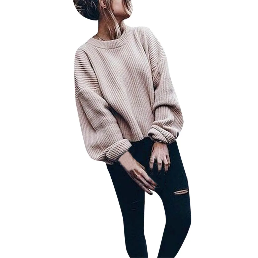 

High Quality New Fashion Woman Autumn Winter Long Sleeve O-neck Solid Color Lantern Pullover Sweater Drop Shipping