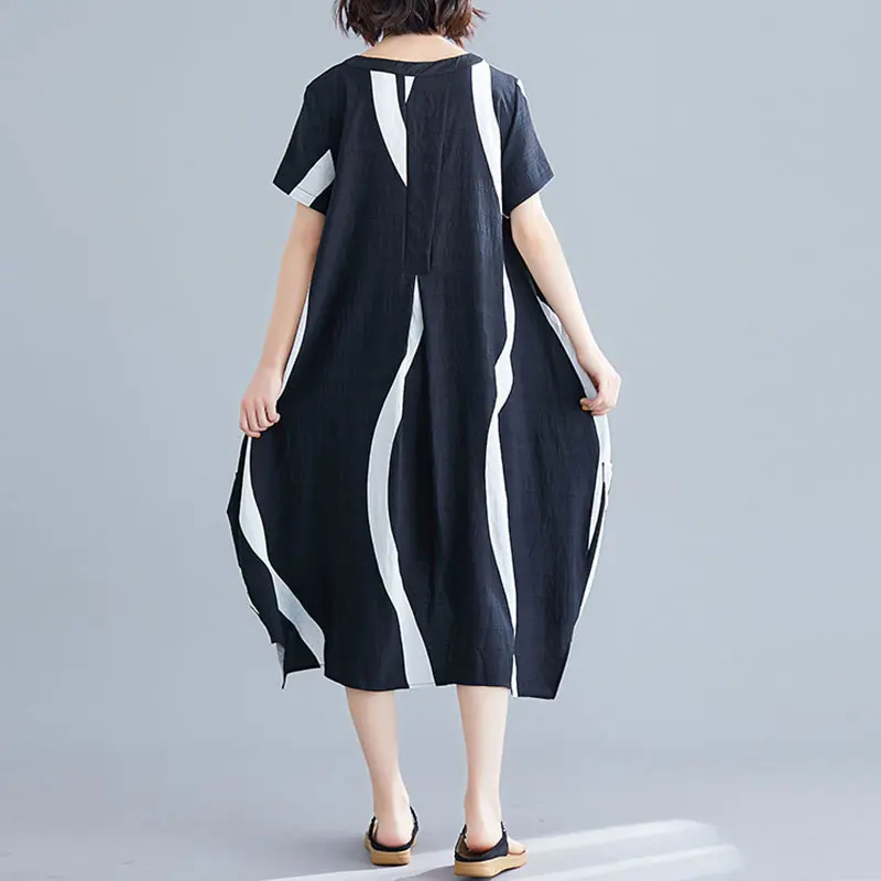 XITAO размера плюс Полосатое платье миди женская одежда о-образный вырез принт перспектива неровная корейская мода лето WBB4462
