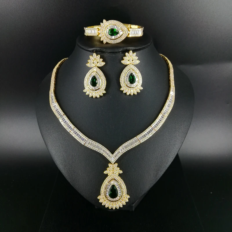 

2018 new fashion green red water drop CZ zircon golden necklace earring bracelet ring set wedding bride dressing jewelry set