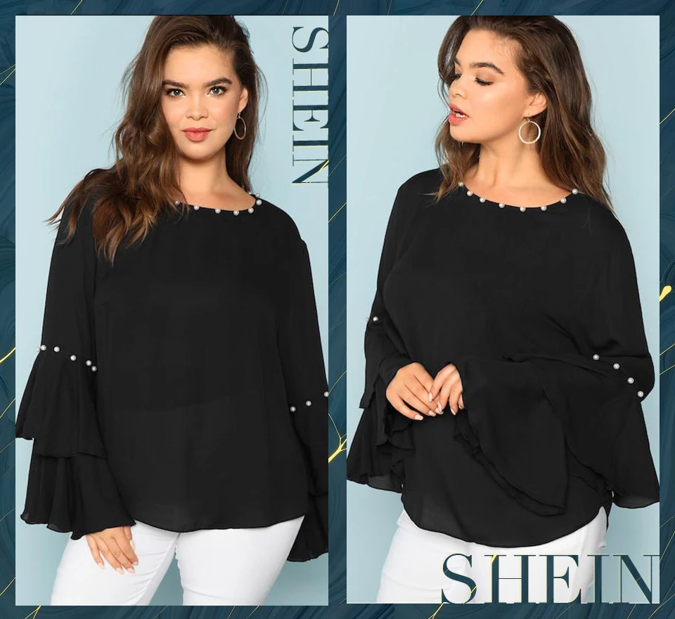 SHEIN, украшенный жемчугом, многослойный рукав с рюшами размера плюс, женская черная блузка,, модный топ с круглым вырезом, украшенный бисером