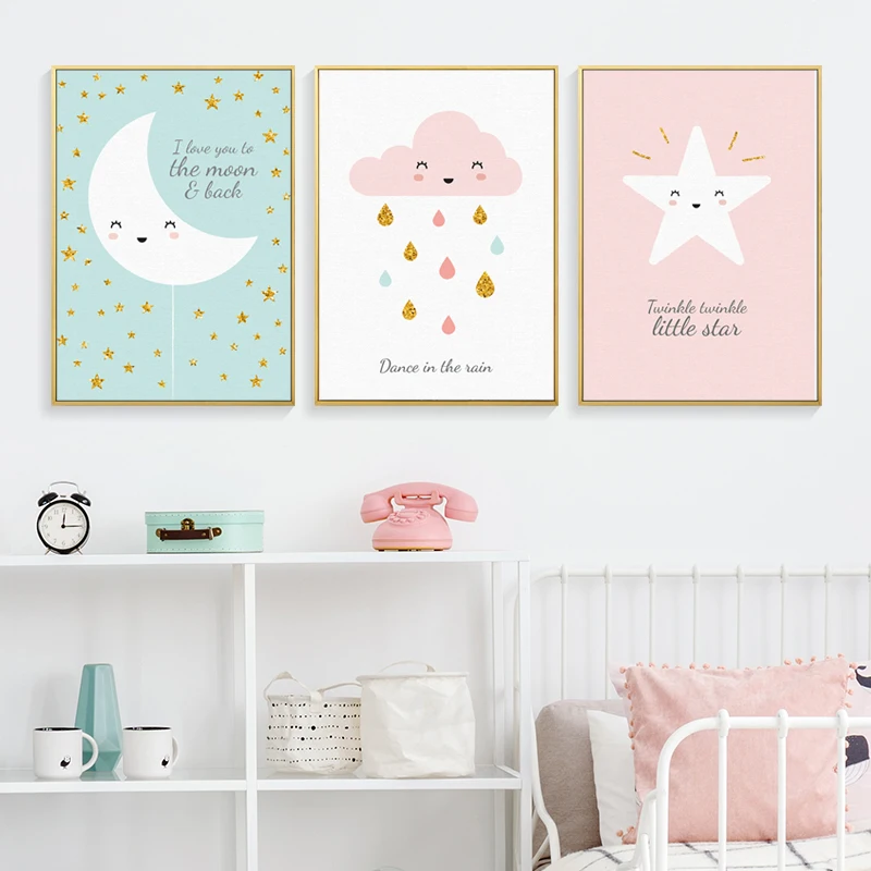 Cute Bear & Moon Stars Print Modern Nursery Baby Wall Art Picture Kawaii Decor 