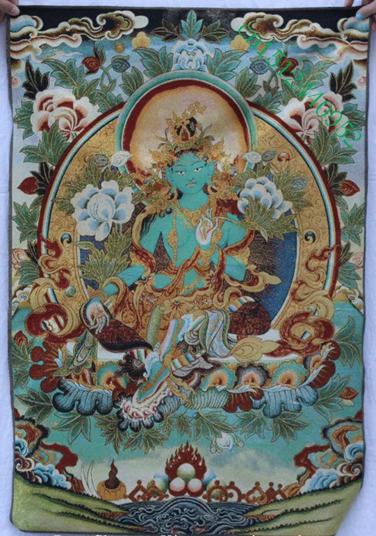 Tibet Buddhism Silk embroidery Seat Green Tara Buddhism Thangka Painting Mural