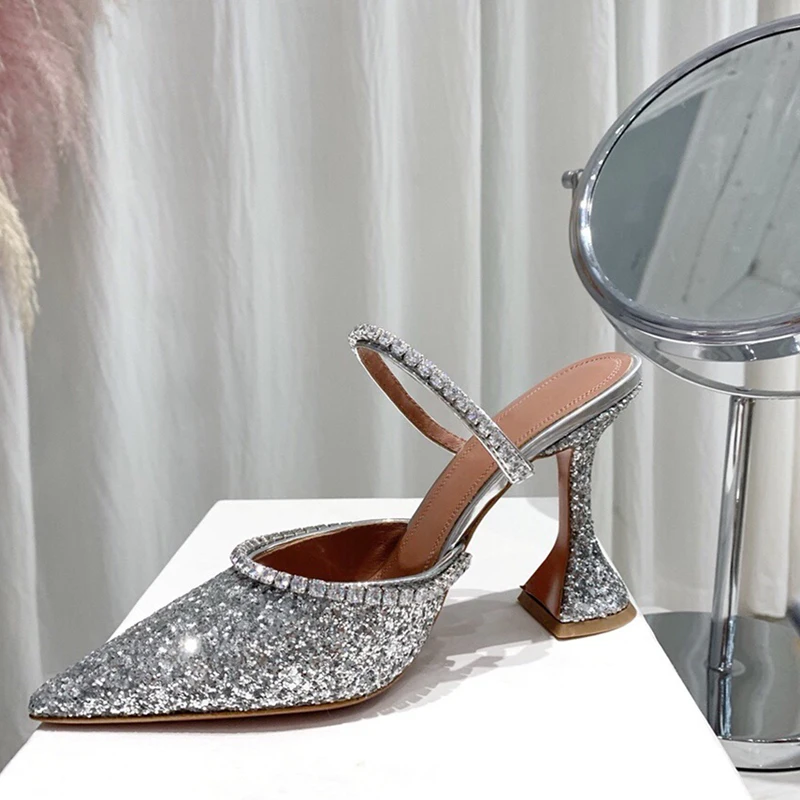 Г.; пикантные блестящие шлепанцы на высоком каблуке с острым носком; женская обувь с пряжкой и кристаллами; вечерние туфли с блестящими вставками