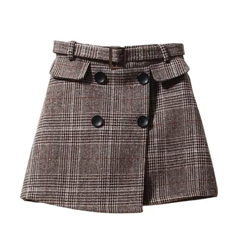 

Winter Skirt Women Autumn Thicken Wool Falda A Line Warm Skater With Belt Buttons Female High Waist Short Mini Plaid Skirt