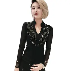Blusas Femininas 2018 E Camisas v-образный вырез с длинным рукавом рубашка женская одежда бриллианты блузка корейская модная Одежда Сорочка Femme