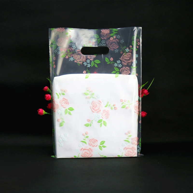 50pcs Clear Plastic Gift Bag with Handle Rose Flower Clothes Shopping