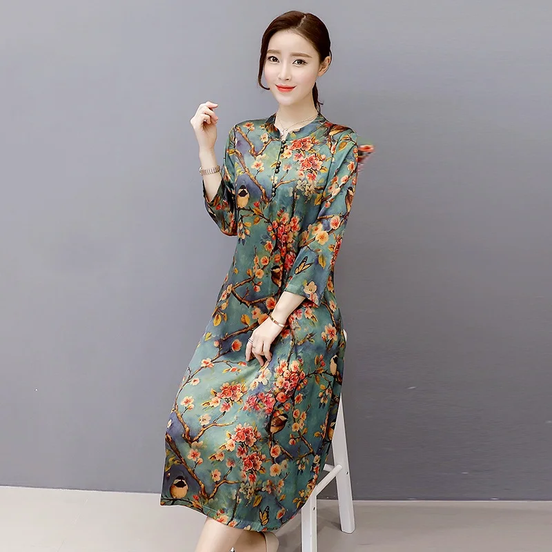 NYFS стиль демисезонный женское платье Винтаж slik длинное Свободные печати vestidos Elbise