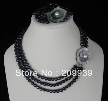 

huij 001716 3-Row Elegant Deep Purple Pearl Light Purple Lotus Petals Bracelet Necklace Set