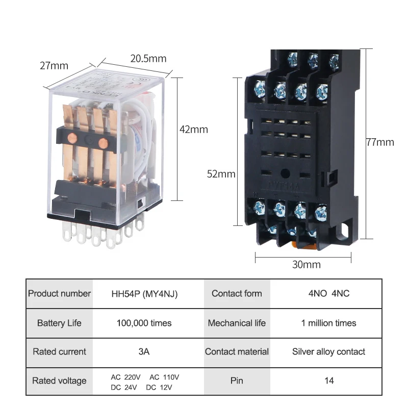 HH54P MY4NJ электромагнитные реле 4PDT 4NO 4NC AC 220 V 110 V DC 24 V 12 V 3A Мощность реле основного разъема серебряные контакты 14 иголок