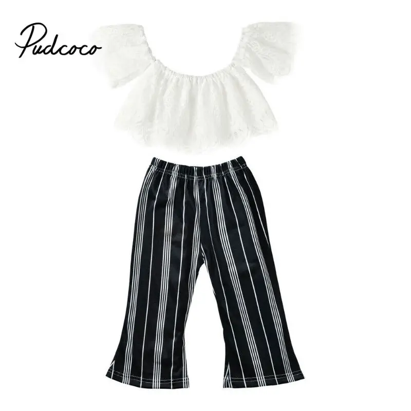 

pudcoco 2019 Children Clothing Suits For Girls Clothes Kids Toddler Enfant Fille Infantis Outfits White Lace Crop Top+Pants