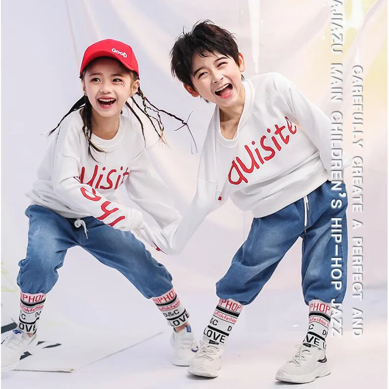 Kids Hip Hop Clothing Girls Boys White Sweatshirt Jeans Jazz Dance Costumes Suit Ballroom Dancing Clothes Outfits Boys Outfits