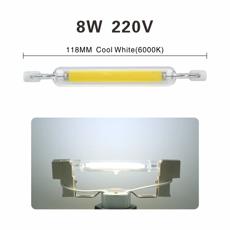 R7S светодиодный светильник 78 мм 118 мм с регулируемой яркостью COB, стеклянная трубка 4 Вт 8 Вт, переменный ток 220 в 230 В, сменный галогенный светильник R7S, точечный светильник - Испускаемый цвет: 118mm Cool White