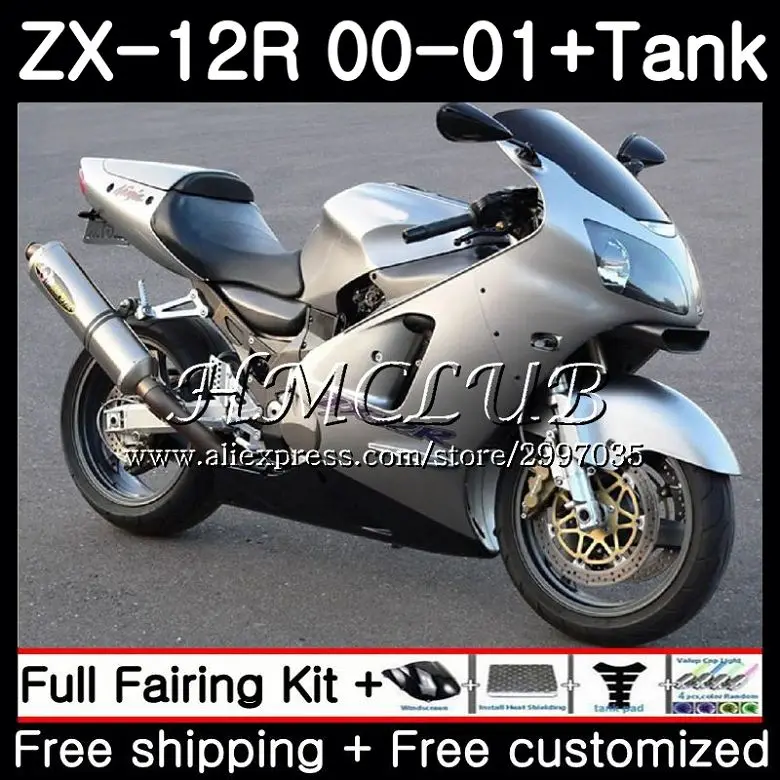 Тела + майка для KAWASAKI NINJA серебристо-черный ZX1200 C ZX 12R 2000 2001 2002 67HC. 8 ZX 12 R 1200CC ZX12R 00 ZX-12R 00 01 02 обтекателя