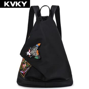 

KVKY Brand Vintage National Women Nylon Backpack Girls Female Travel schoolbag Embroidered Bag Waterproof Back Bag Mochila