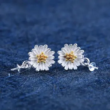 

925 Sterling Silver 6-10mm Pearl or Round Bead Semi Mount Women Flower Drop Earrings Fine Jewelry