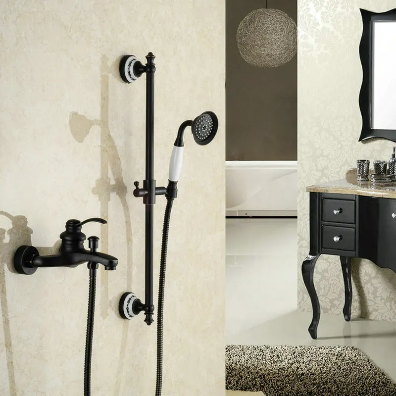 

Oil Rubbed Bathroom Black Bronze Finished Shower Set Mixer Tap Wall Mounted Dual Handle Antique Solid Brass Bathtub Shower Kit