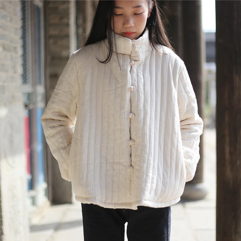 Johnature Women Stand Parkas Coat Cotton Button Long Sleeve 2018 Winter New Brief Pockets Vintage Warm Women Clothes Coats