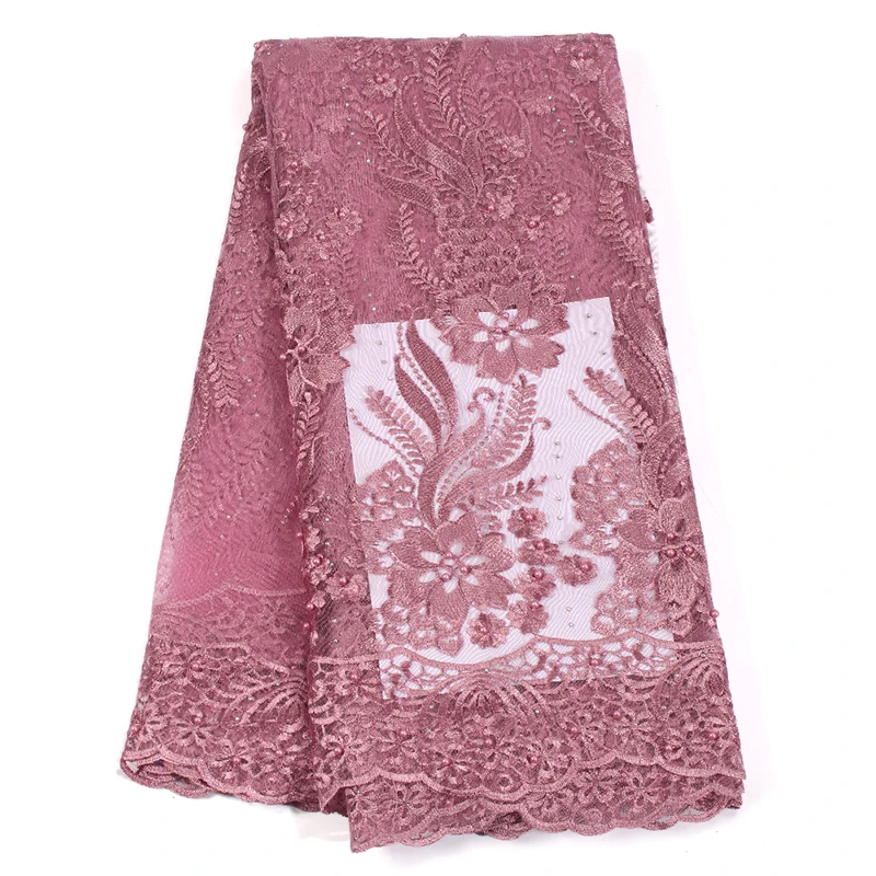 

2019 Latest French Tulle Lace Fabric Embroidered Flowers With Rhinestones High Quality Lace Beaded Mesh Fabric For Women's Party