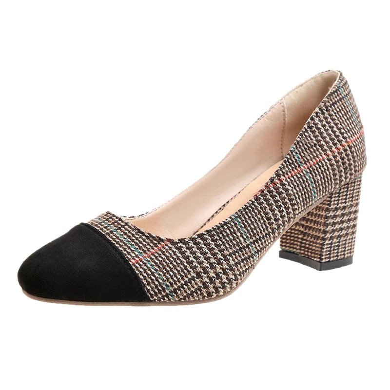 Весенне-осенние туфли на высоком каблуке женские туфли в клетку с черным носком туфли-лодочки на квадратном каблуке женская офисная обувь 63H00 - Цвет: KhakiA181
