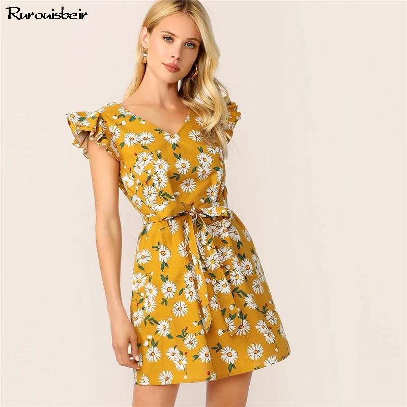 

Boho Daisy Floral Print Bright Yellow Ruffle Trim Summer Dress Casual Sleeveless V Neck Belted Mini Dress Elegant Beach Dress
