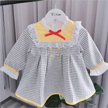 Детские осенние платья Одежда для маленьких девочек клетчатое кружевное платье с длинными рукавами милое платье принцессы