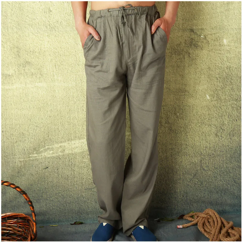 Мужские штаны из льна и хлопка полная длина летняя просторная легкая Повседневная льняная брюки мужские удобные домашние штаны для отдыха мужские PT-196