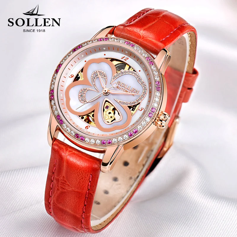 

reloj mujer Skeleton Women Watch Luxury Brand SOLLEN Lucky Clover Girl Automatic Mechanical Ladies Dress Watches Rose Gold Gift