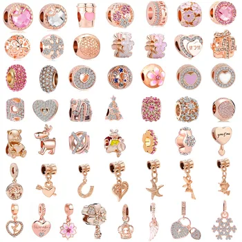 

free shipping 50pcs/lot( each design for one) pink rose gold european mixed diy bead fit women pandora charms bracelet M002