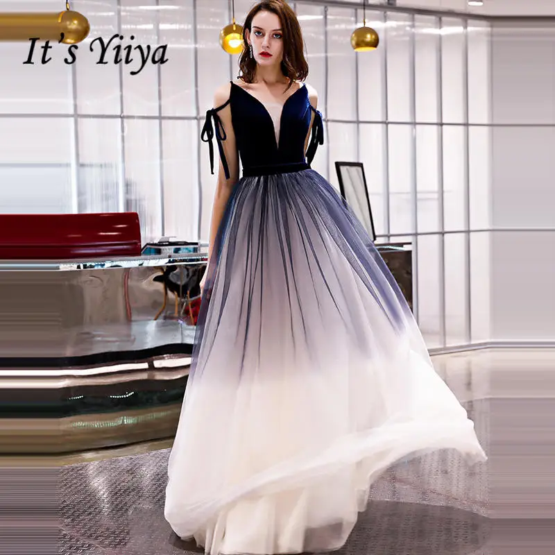 

It's YiiYa Evening Dress 2018 Navy Blue Spaghetti Strap V-neck Contrast Color Bow Sleeveless Dinner Gowns LX1296 robe de soiree