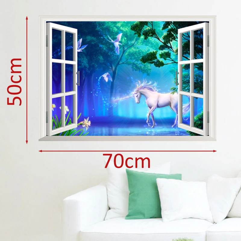 3D Fake Window Unicorn Horse Nursery Girls/Boys Bedroom Wall Decal Sticker Art Vinyl Wall Stickers For Kids Room Living Room