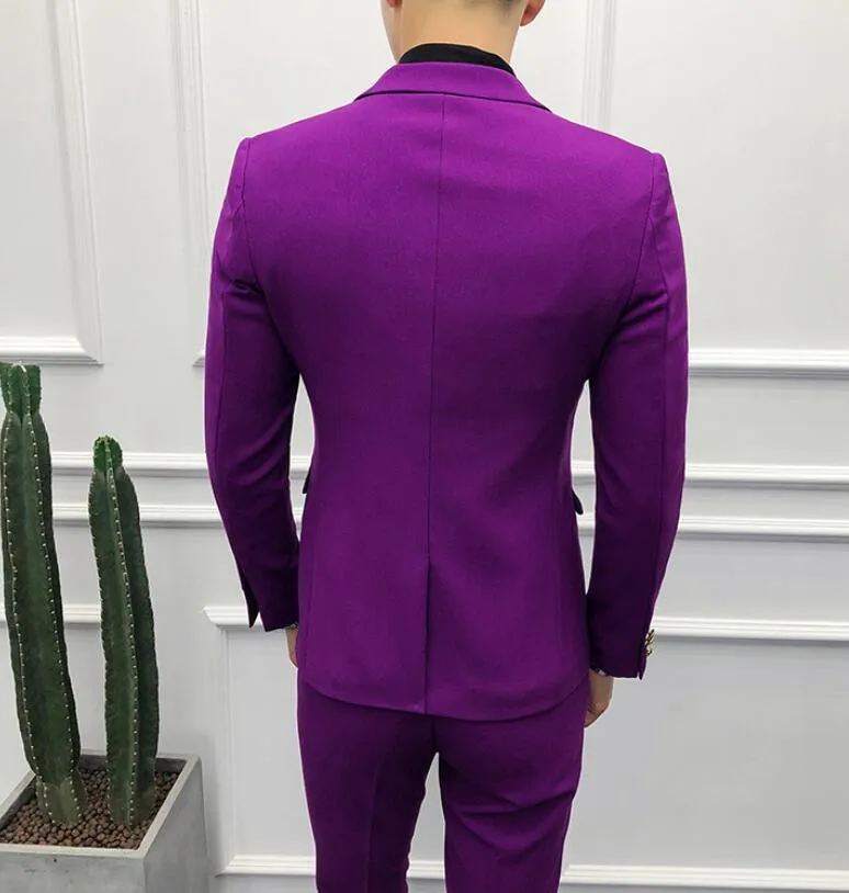 Фиолетовый 3 шт. костюм для мужчин Фирменная Новинка Slim Fit Мужская рубашка в полоску смокинг Высокое качество свадебное платье s костюмы