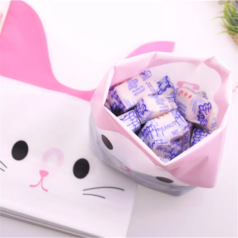 Wholesale 50pcs/lot Pink Cute Rabbit Ear Biscute Cookies Packaging Bags With Lovely Kitty New Year Gift Bags For Candy