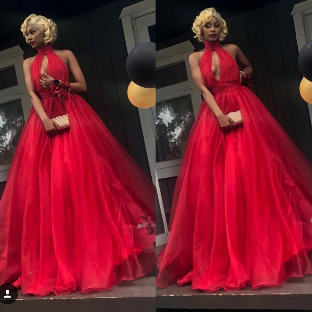 Vestidos de gala сексуальные красные Холтер свадебное платье без спинки 2019 длинные очаровательные ярко-синяя органза A-Line Вечерние платья