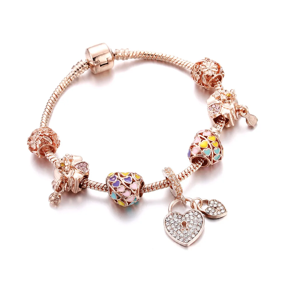 

Designer Bracelet Women Rose Gold Rainbow Heart Beaded Charm Ladies Bracelets Bangles Jewelry Friendship For Girl Gift pulseras