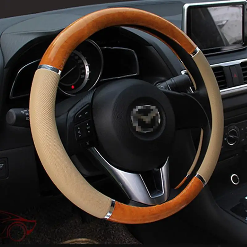 PVC Leather Steering Wheel Cover Cream Peach Wood Grain Case Protector