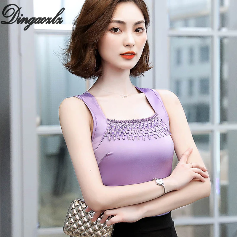 

Dingaozlz S-4XL New Summer Women lace shirt Fashion Sexy Beaded Silk Tank Tops Sleeveless Female Camis Tops Blusa