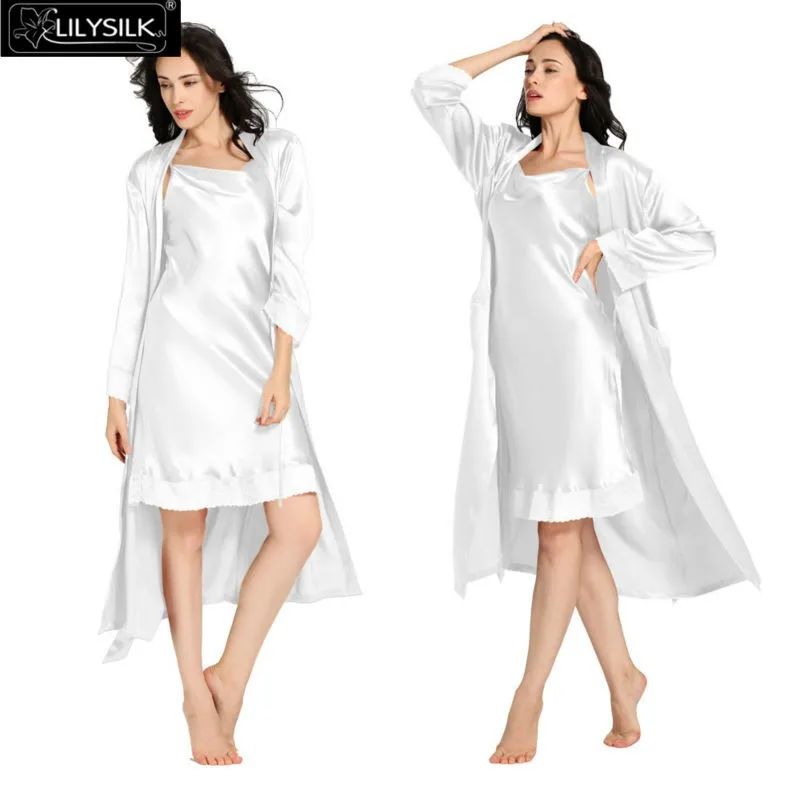 Lilysilk Long Sleepwear 3 Piece Pajama Set Women Mulberry Silk Pure Camisole Wedding Robes 22 MM Sexy Luxury Lingerie Lace