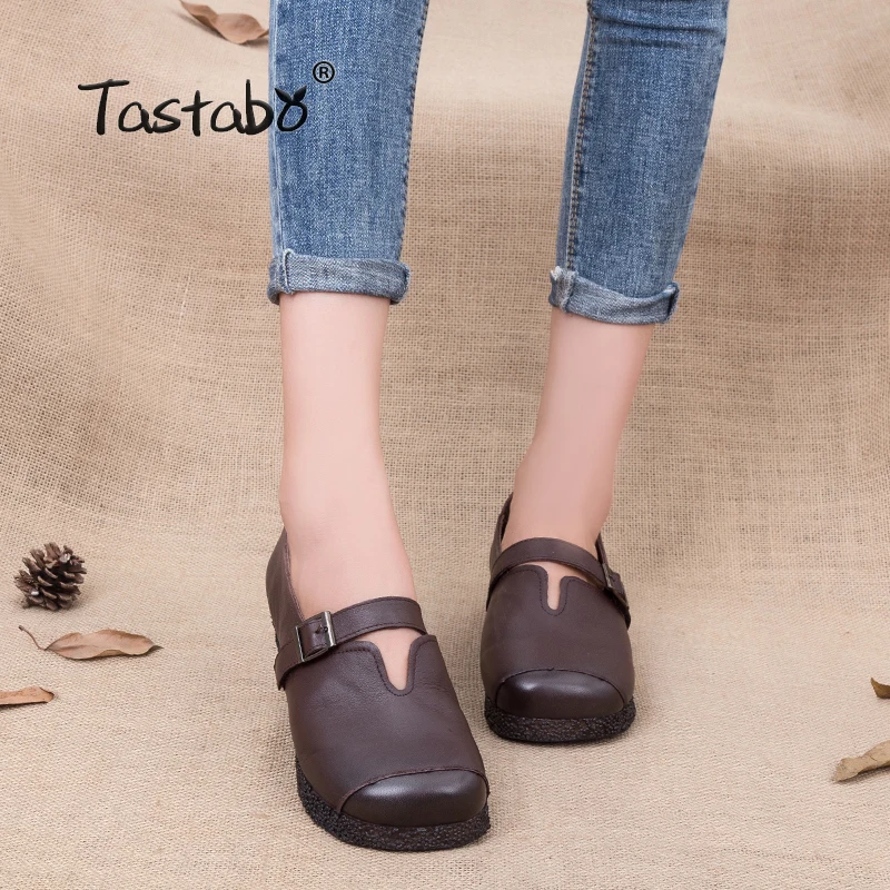 

Tastabo Genuine Leather Flat Retro Handmade Brown Women Shoes Work Female Non-slip Durable Casual Ladies Shoes