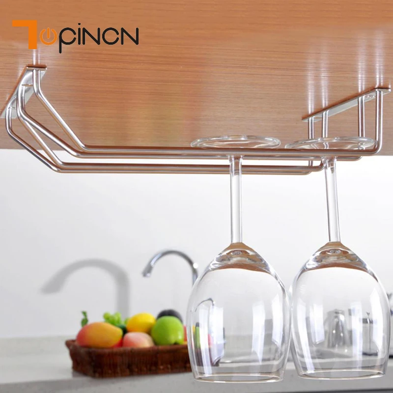

2 Row Stainless Steel Red Wine Cup Stemware Cabinet Mounted Holder Bar Pub Kitchen Organizer Hanging Storage Rack