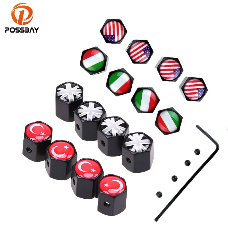 

POSSBAY Antitheft Stainless Steel Black Car Wheel Tire Valves Tyre Air Caps Cover Russian UK US Italy France German Flag