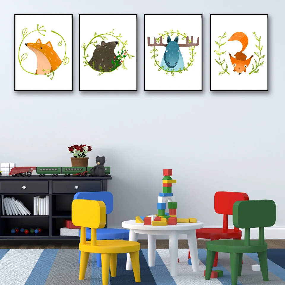 Kartun Hewan Beruang Fox Ternak Anak Kamar Nursery Art Canvas Poster