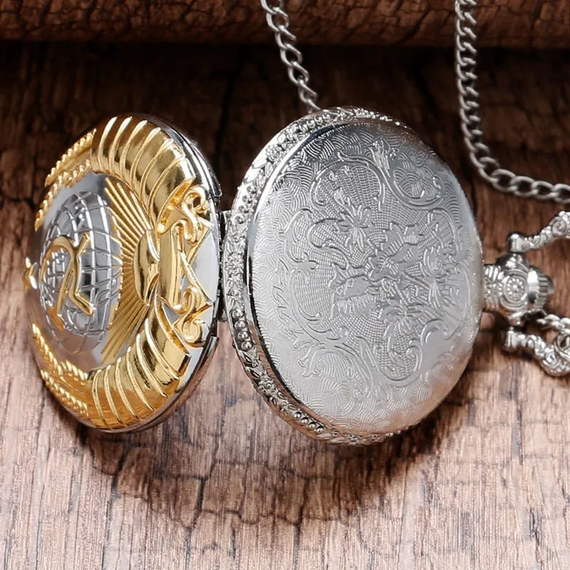 Винтажные кварцевые карманные часы с серповидным молотком, серебристый, золотой чехол, ожерелье с цепочкой, подарки для мужчин и женщин, Reloj De Bolsillo