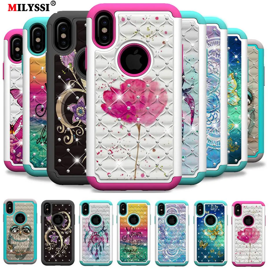2 в 1 Алмазный чехол для телефона iPhone 6 6s 7 8 Plus X XR MaColorful мерцающий узор TPU + PC 11 Pro Max |
