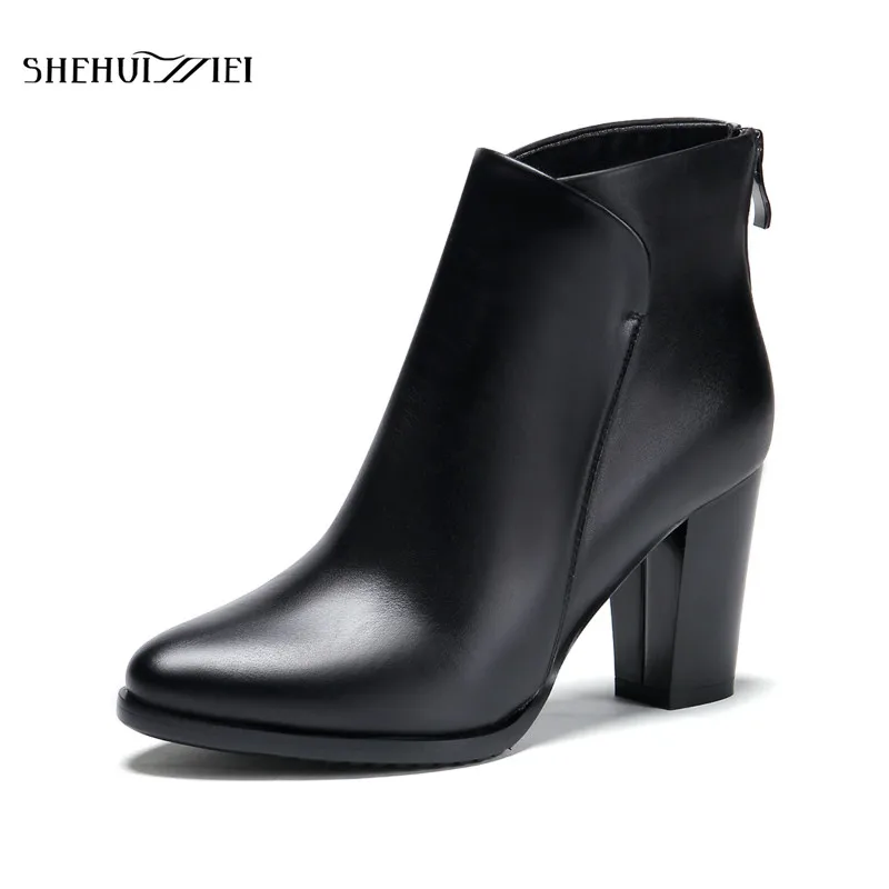 

SHEHUIMEI Thick Heel Genuine Leather Women Boots Fashion Winter High Heels Platform Ankle Boots Girls Motorcycle Boots Shoes