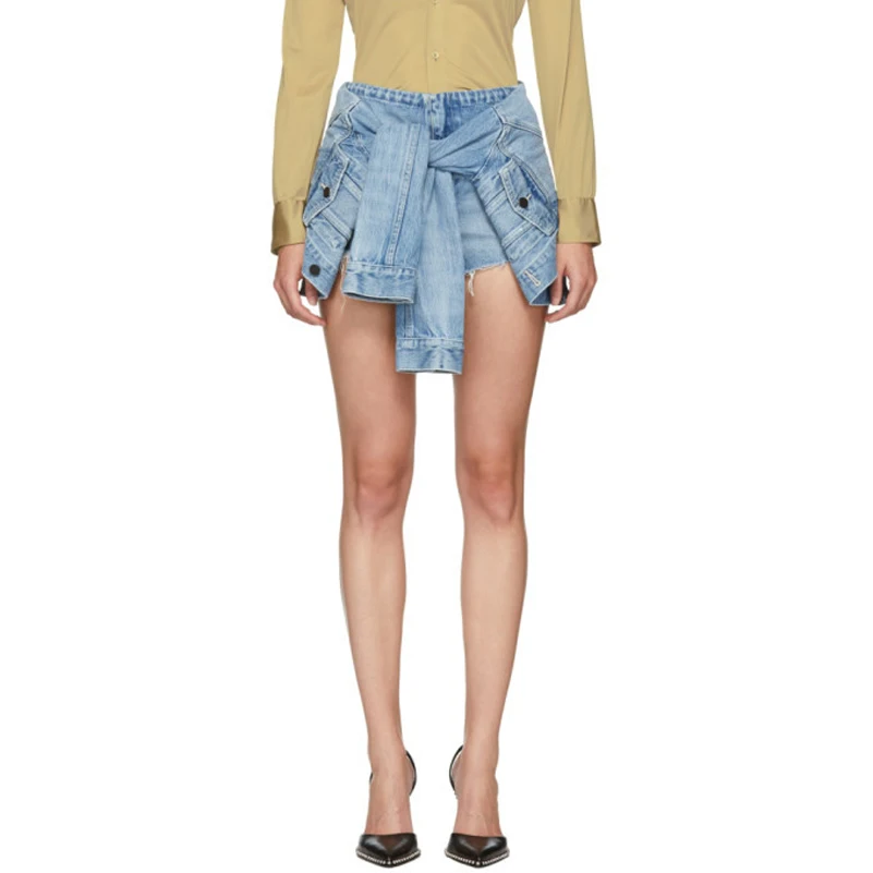 

AEL Fake Two Pieces Denim Shorts Sexy Tight Jeans High Waist Casual Asymmetrical New Women's Clothes High Quality Summer 2019