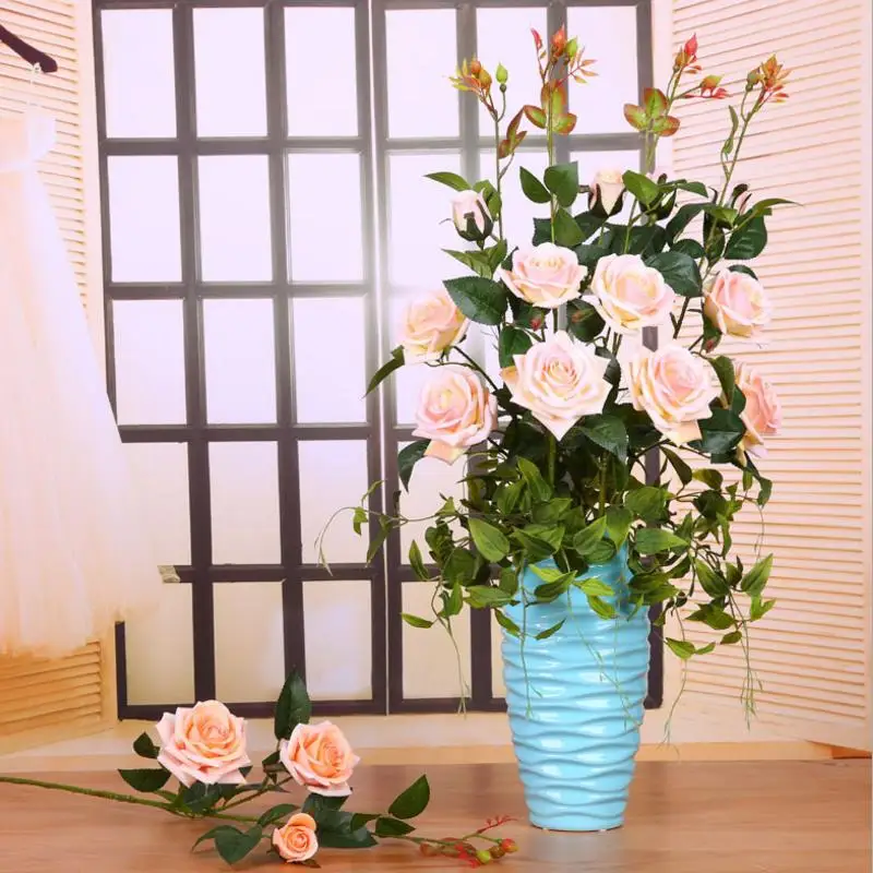 Flone Artificial Rose Flower Simulation Silk Fake Flowers Single Branch 3 Heads Roses Flower For Wedding Home Bedroom Decoration (12)