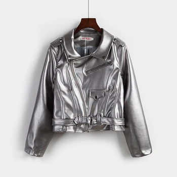 

Autumn Women s Punk Short Pu locomotive Leather clothing Silver Coat Faux Leather Suede Jacket Motorcycle Biker Jackets Outwears