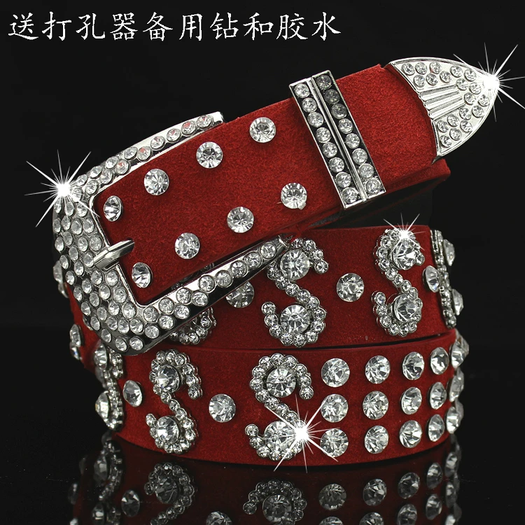 

New Red belt female wide pu diamond inlaid ms han edition decorative belt female fashion joker cowboy belts